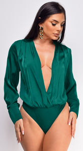 Zana Surplice Pleated V Neck Satin Bodysuit - Green